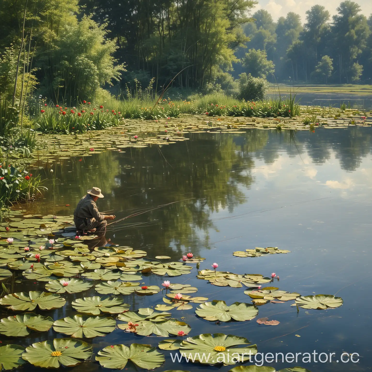 lake, fisherman on the shore, fishing rod, fish, water lilies