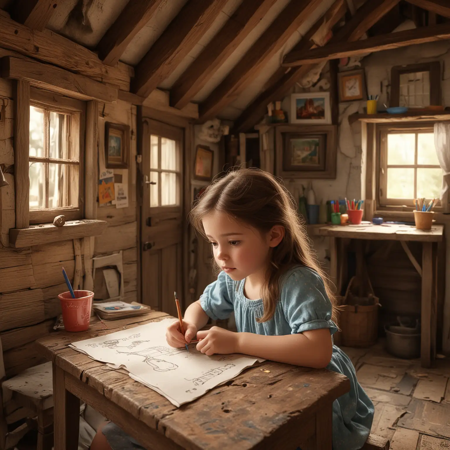 a young girl, drawing in a small cottage house, poor, 3d disney inspire