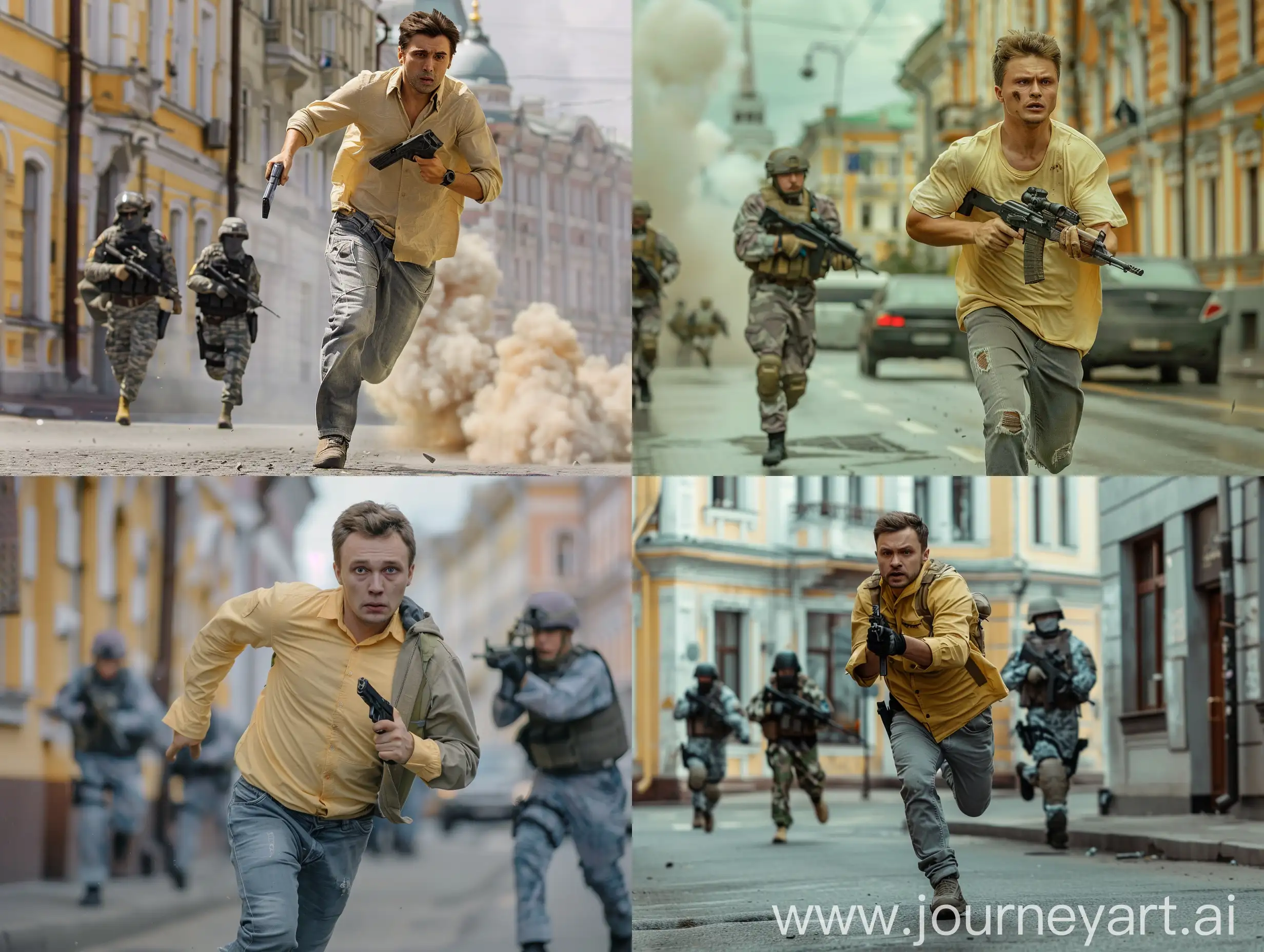 photo, a 29-year-old man in a light yellow shirt and gray jeans with a Tulsky-Tokarev pistol is running away along a remote street in St. Petersburg, Middle Plan, bright but overcast, armed special forces in gray and lilac combat uniforms are behind him