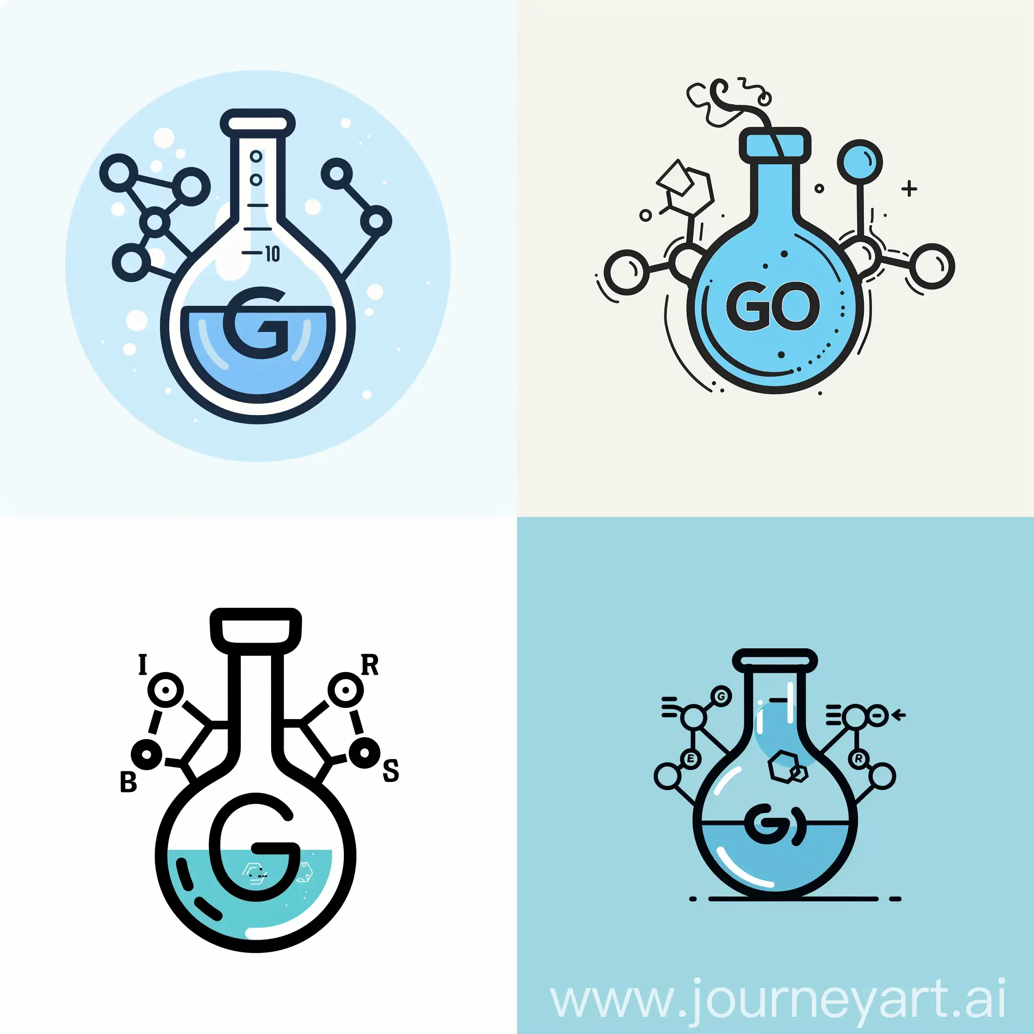 minimalistic graphic logo with light blue glass chemical flask with bold black GO inscription on it in the centre and 3 structural chemical formula of organic compounds around the flask