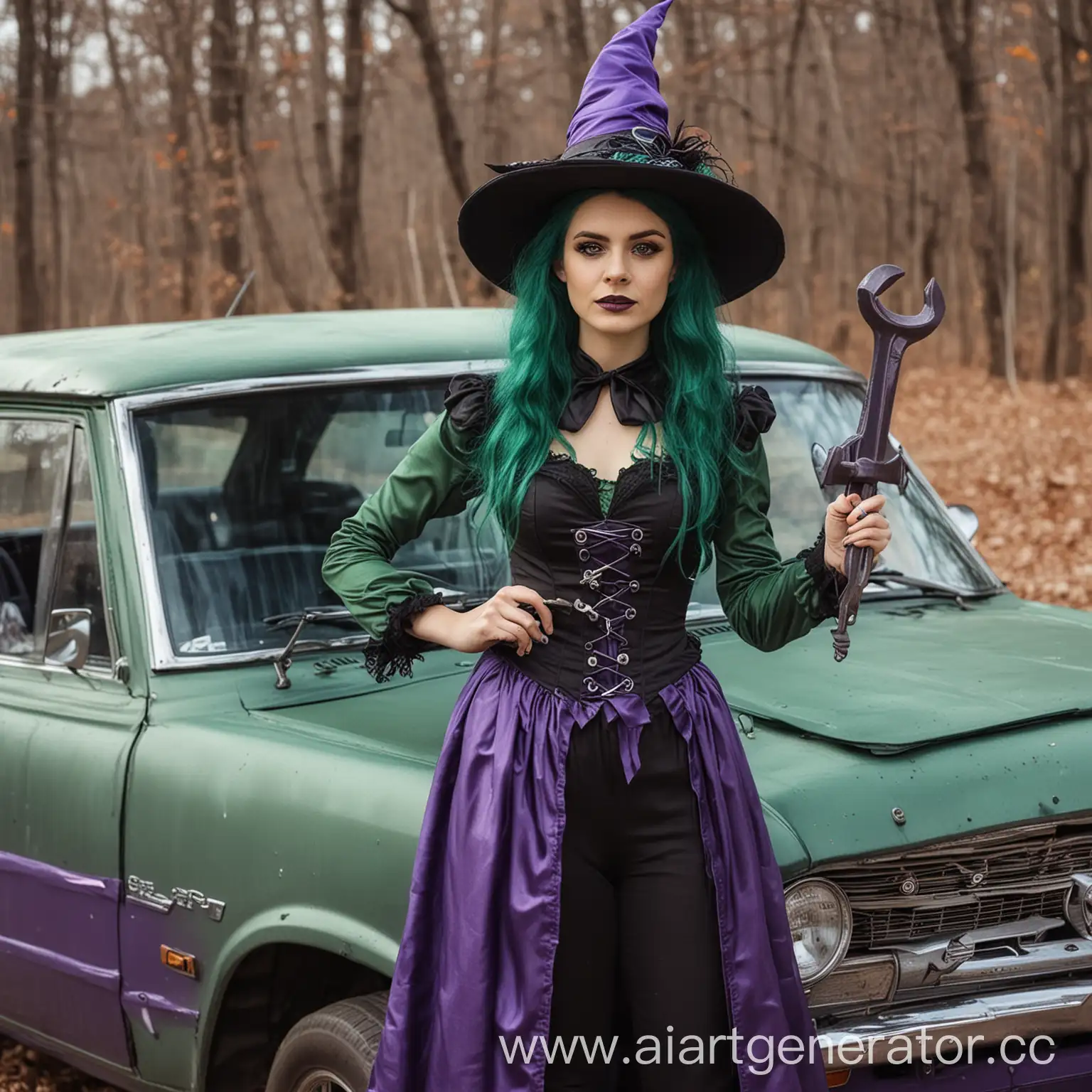 A woman in a green witch costume holding a purple car and a wrench.