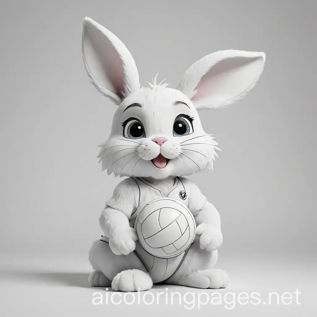 Volleyball bunny, Coloring Page, black and white, line art, white background, Simplicity, Ample White Space. The background of the coloring page is plain white to make it easy for young children to color within the lines. The outlines of all the subjects are easy to distinguish, making it simple for kids to color without too much difficulty