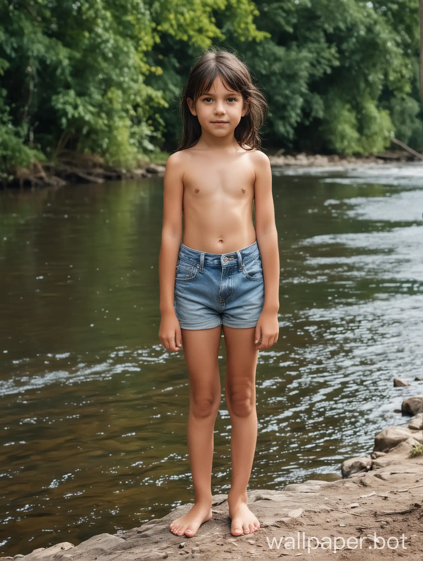 girl with dark hair, age 6 years old, topless in shorts standing beside a river