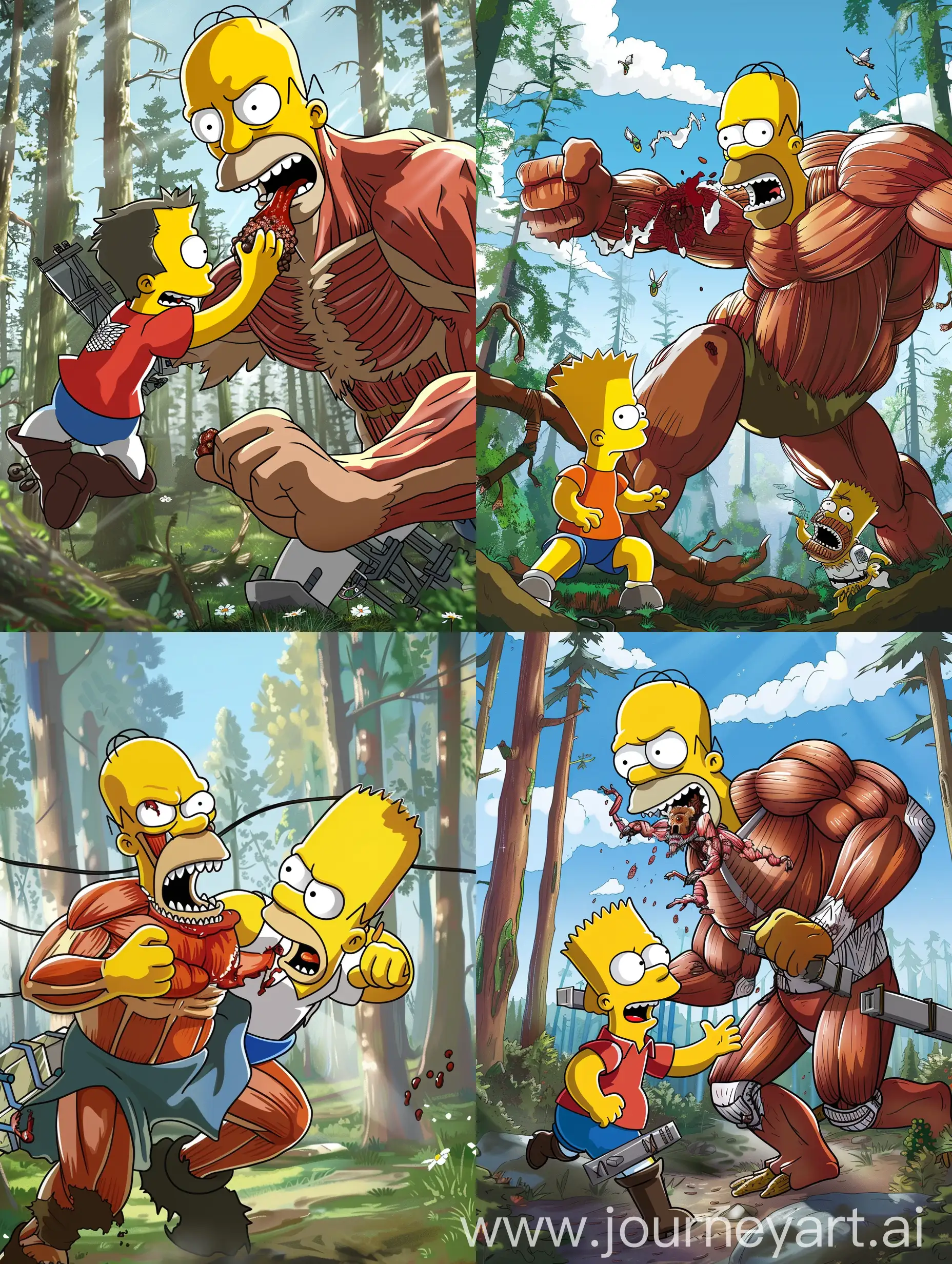 In the style of the simpsons, homer simpson as a titan in the attack of titan trying to eat bart after chasing him in the forest