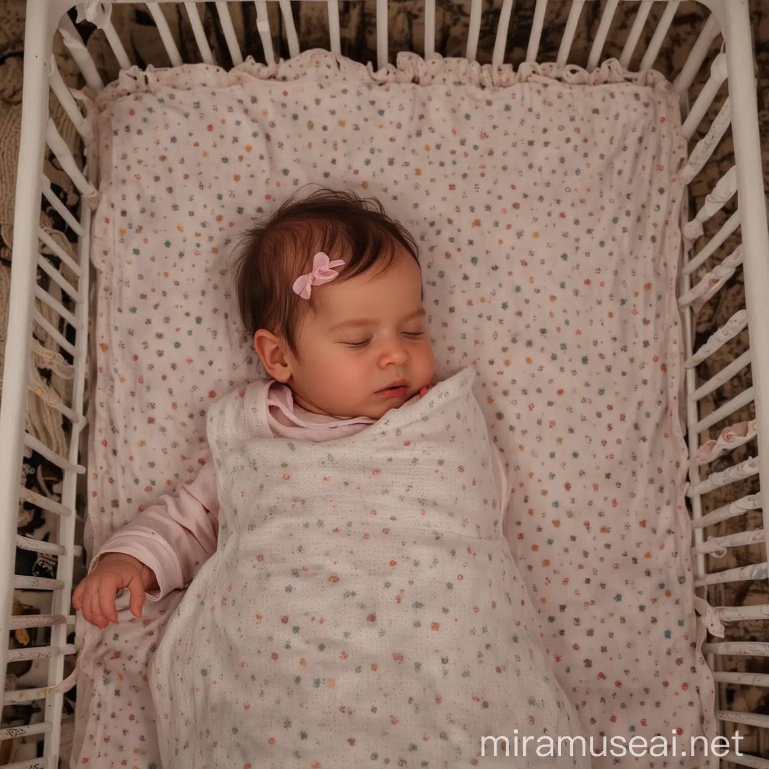 Sleeping Baby Girl in Cot at Night