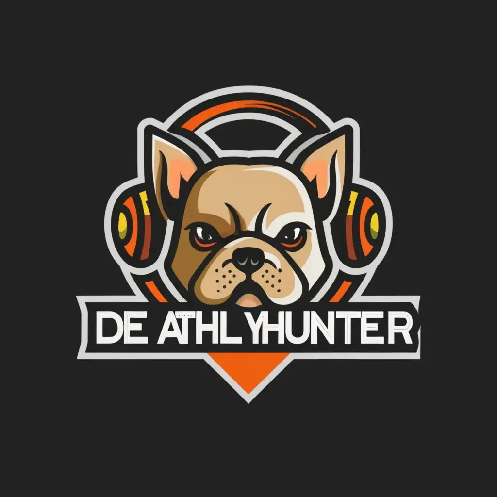 a logo design,with the text "DeathlyHunter", main symbol:french bulldog,fps,gaming,Moderate,clear background
