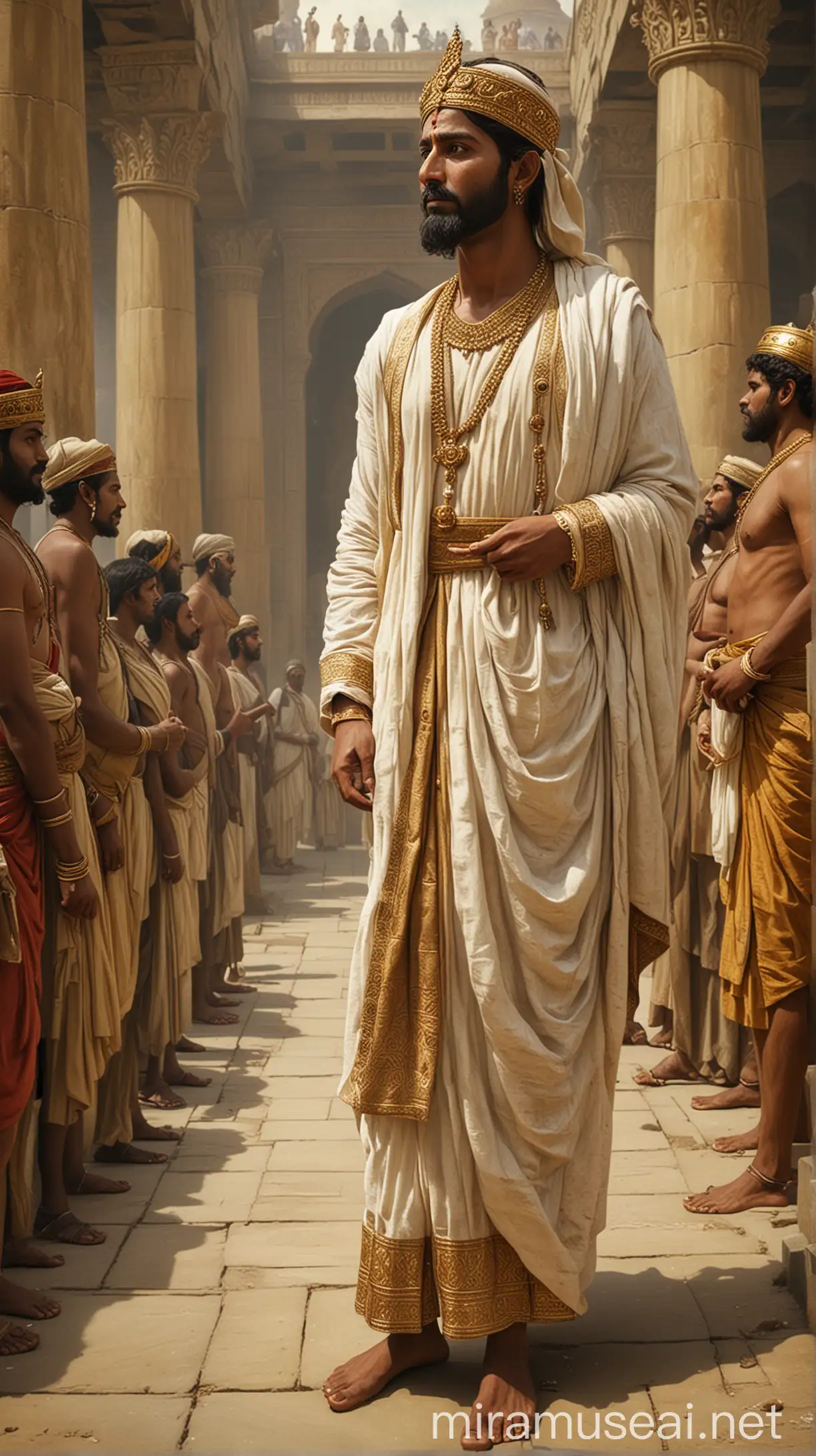 Create an image depicting Bengali, a dignified figure, standing amidst the grandeur of King Jehoshaphat's court in the 19th century BC.In ancient world 