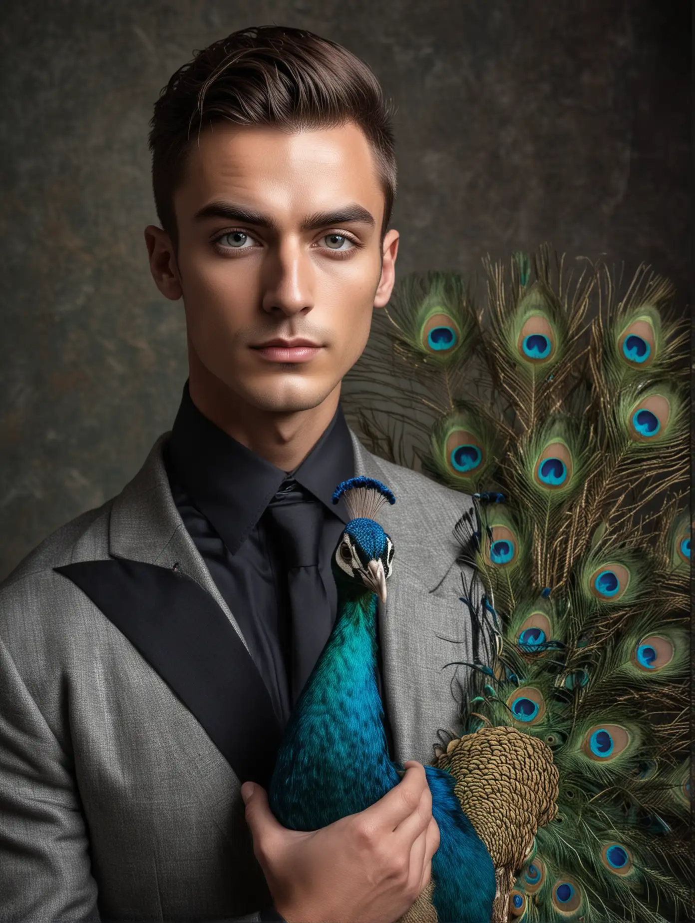 A photo of a beautiful  man and a peacock, exquisite facial features, professional photography technology, full body portrait
