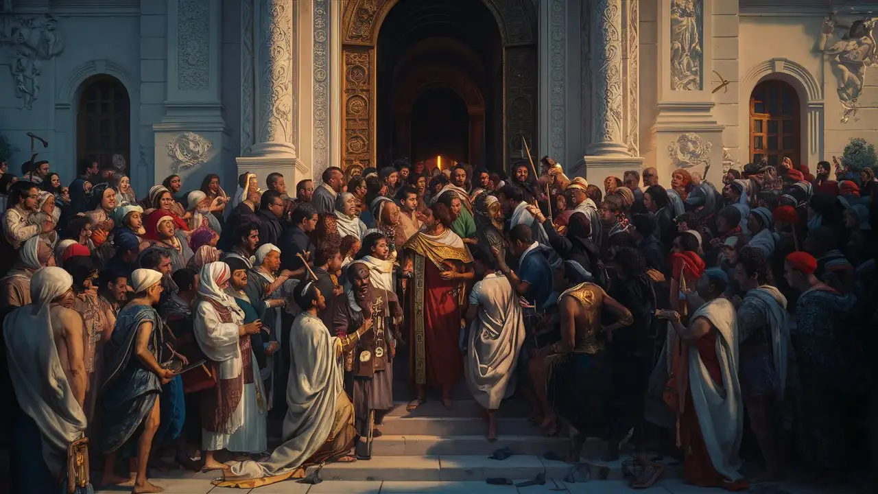 Create an image of scholars and seekers from around the world, journeying to Solomon's court, eager to engage in philosophical discourse and learn from the king's profound wisdom.