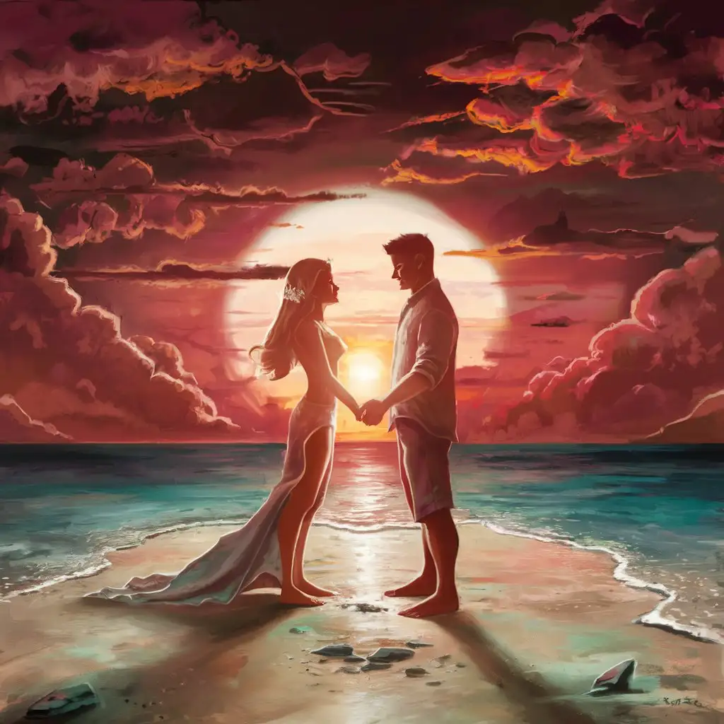 Romantic Couple Enjoying Honeymoon Sunset on Tropical Beach