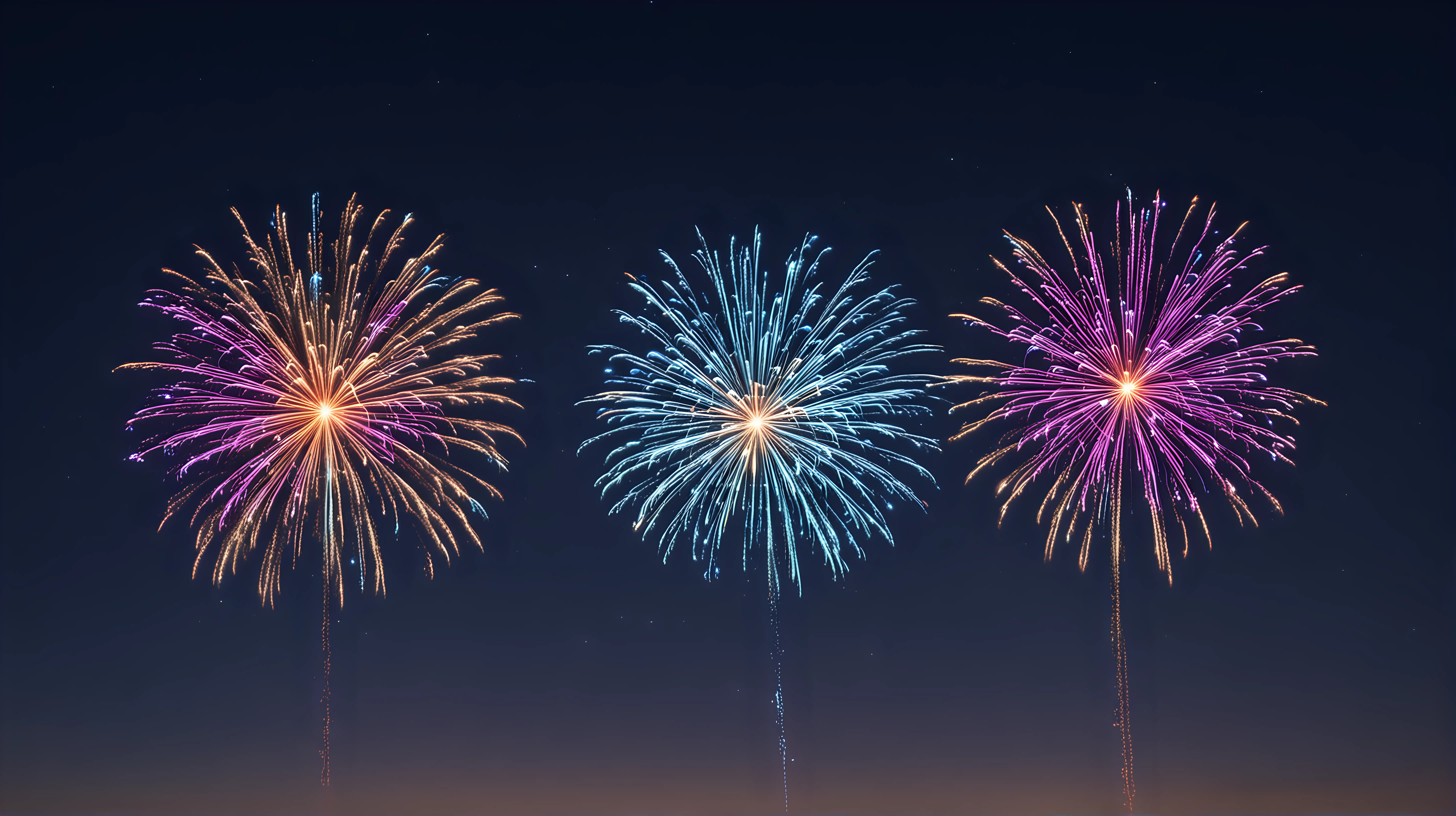 Three Colorful Glowing Fireworks in Dark Blue Night Sky