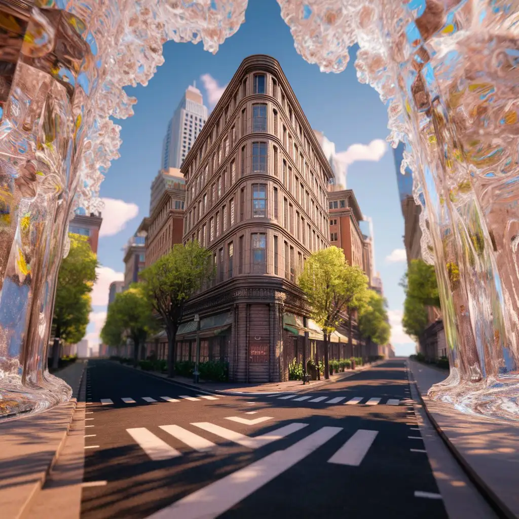 Masterpiece,best quality,3d scene,crystal clear glass material,(building:1.5),street,outdoor,scenery,city,skyscraper,tower,lamppost,blue sky,sunlight,day,sense of spring atmosphere,no humans,depth of field,Ultra detailed,aesthetic,beautiful composition,rich bright colors,volumetric soft light,4k,unreal Engine,octane render,cuteness render,3d rendering,awe inspiring,beautiful,3ddianshang,shangyekv,