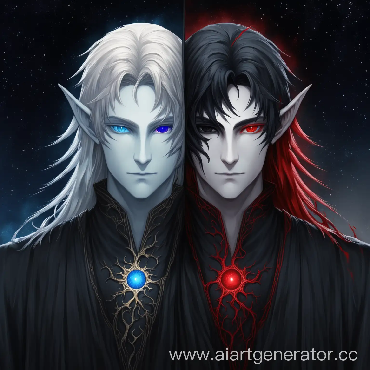 An adult astral elf with short hair, he has a split on his head, one side is white, the other is black, he has heterochromia, one eye is blue, the other is red, and black veins are visible from under the red around the eyes on his face, and they are both visible with their hair down, dressed in a black robe.

