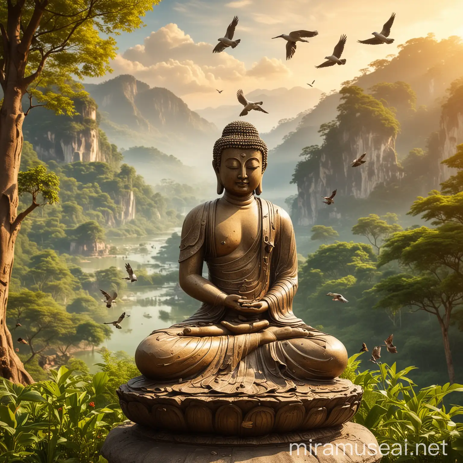 buddha statue in beautiful lanscape background and birds. add some glare light on statue 