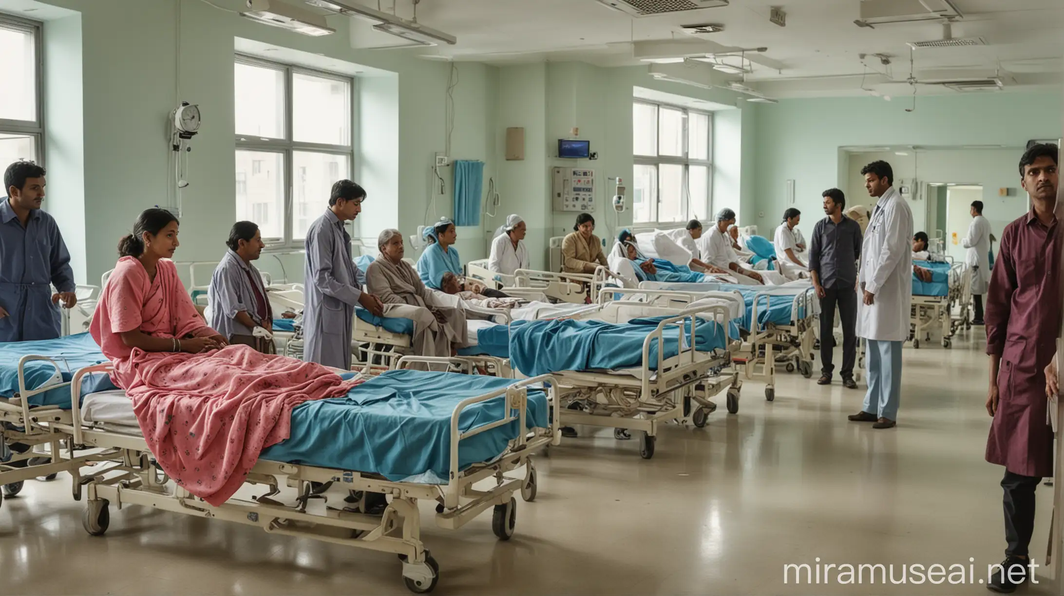 hospital scene, many indian patients on hospital bed,