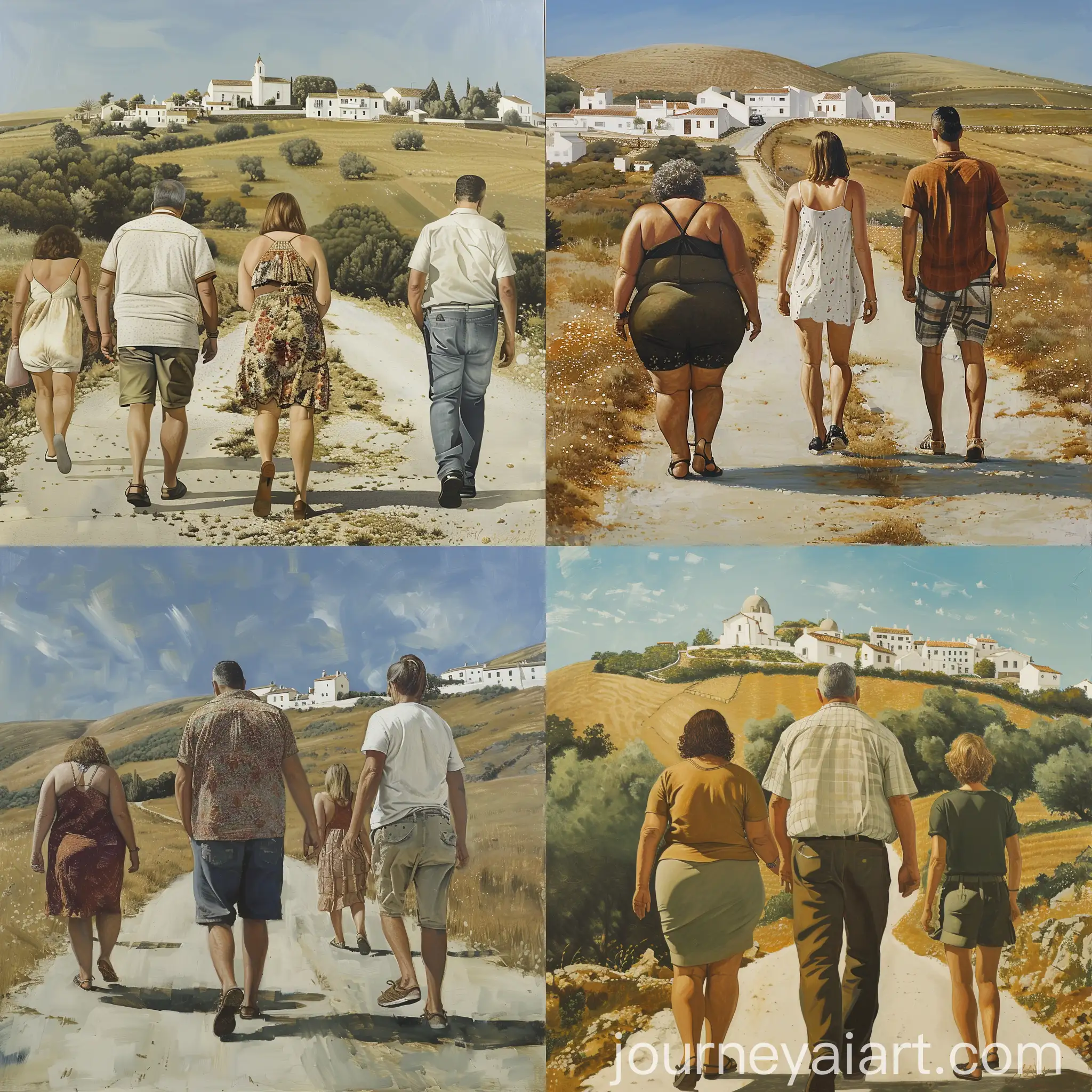 Group-of-People-Walking-Along-Country-Road-with-White-Village-in-Background