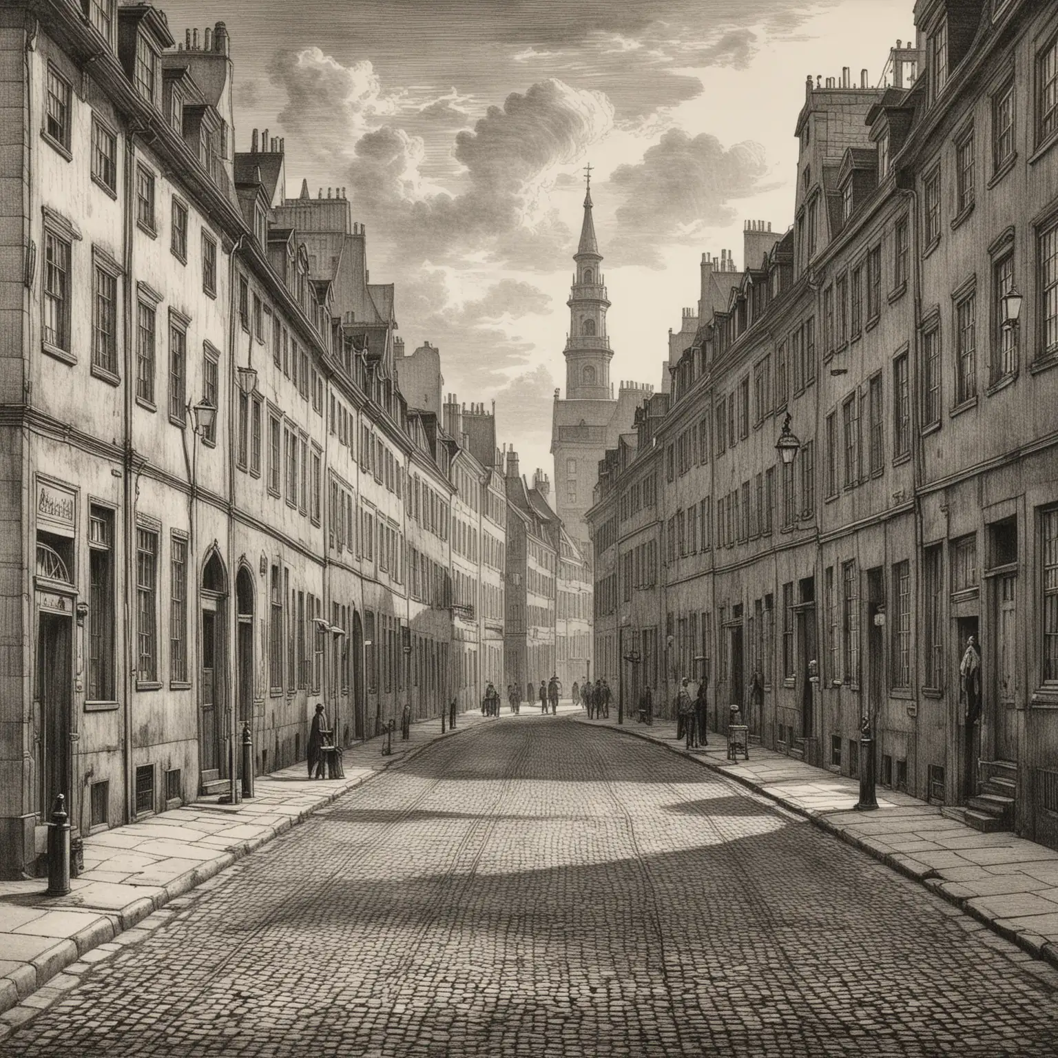 Historical Etching of Copenhagen Street Scene in 1850