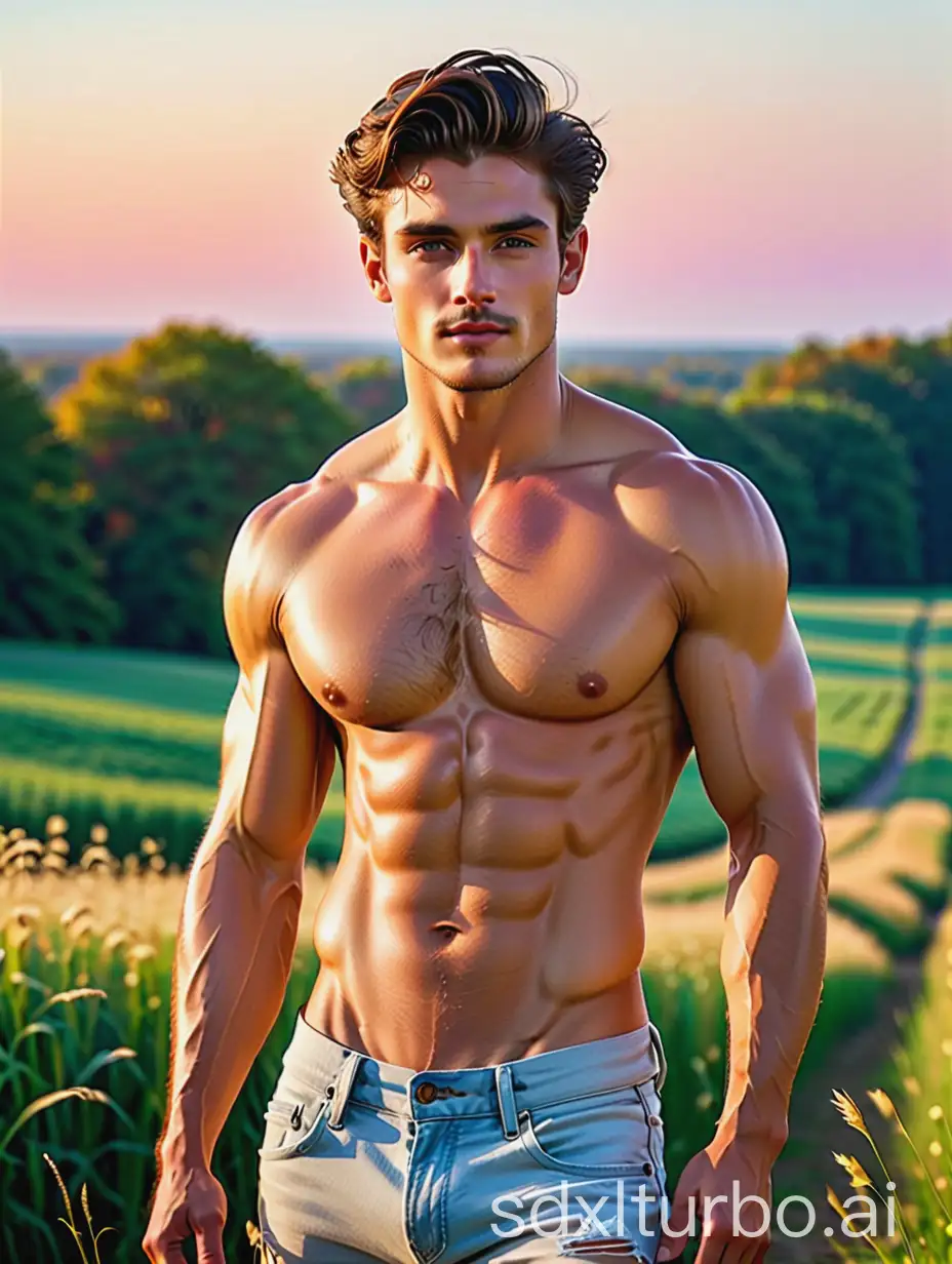 youthful fit and built Adonis-like Brock O'Hearn, with hairy chest and eight pack abs shirtless in vintage ripped jeans, in a midwestern meadow during fall at sunset, vibrant volumetric lighting on face and eyes, medium upper body shot, 16k, very high quality, very high resolution, 35mm camera, Adonis, nsfw, face and upper body portrait by Bruce Weber,