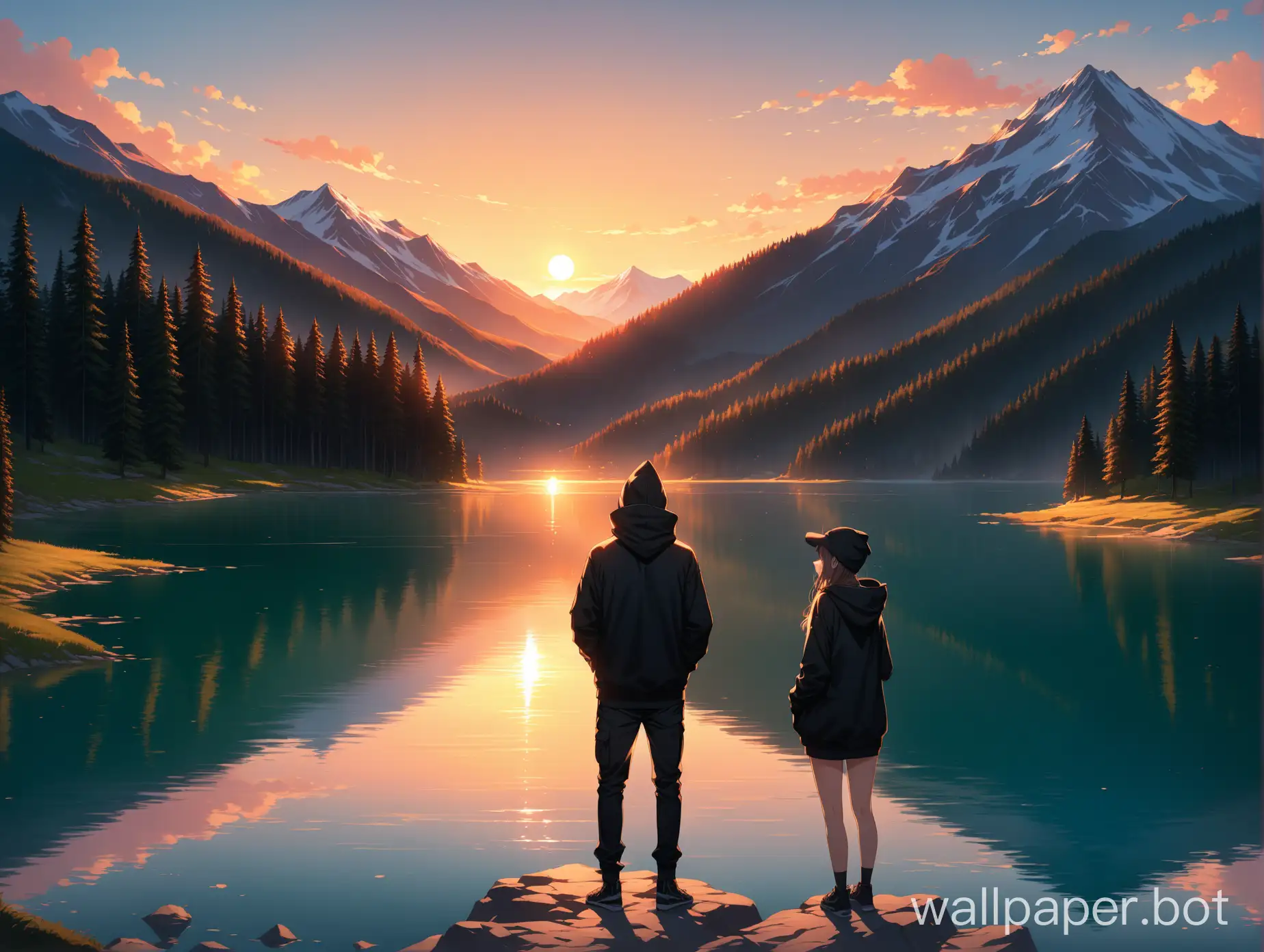 high-res, masterpiece, 4k, 8k, lake, mountain, forest, sunset, boy and girl in black hoodies