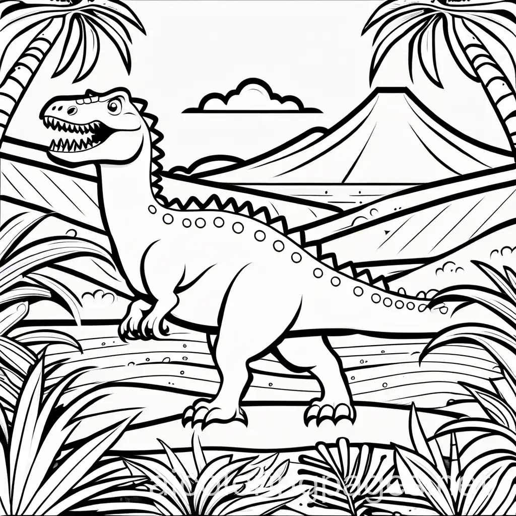 funny dinosaur working, Coloring Page, black and white, line art, white background, Simplicity, Ample White Space. The background of the coloring page is plain white to make it easy for young children to color within the lines. The outlines of all the subjects are easy to distinguish, making it simple for kids to color without too much difficulty 