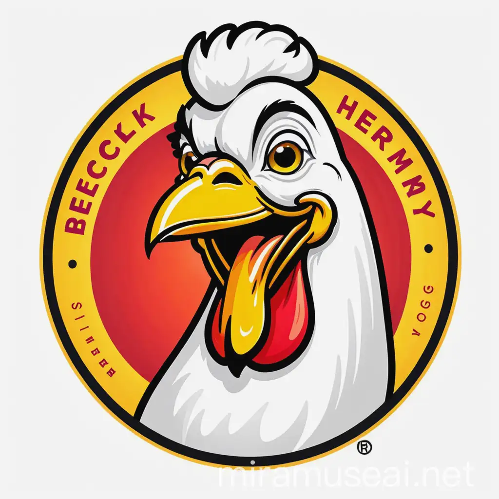 vector art logo of smiling funny happy cock for logo like los pollos hermanos , very simple ONLY RED YELLOW AND WHITE , transparent background , black outline , the chicken body is white , only the beck is yellow , the chicken must be facing the camera , and big , flat shading , smooth edges , 