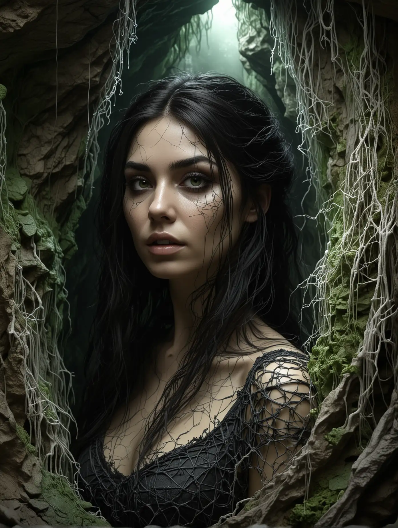 Create a 4k white 3d intricate artistic stone art of a beautiful, sexy and stunning face of a British woman in gothic style not looking straight in a deep dark black uneven broken cave, black hair, many cobwebs around cave, spiders across cave, subtle green coloured creepers around cave, horror, matt finish, dynamic lighting