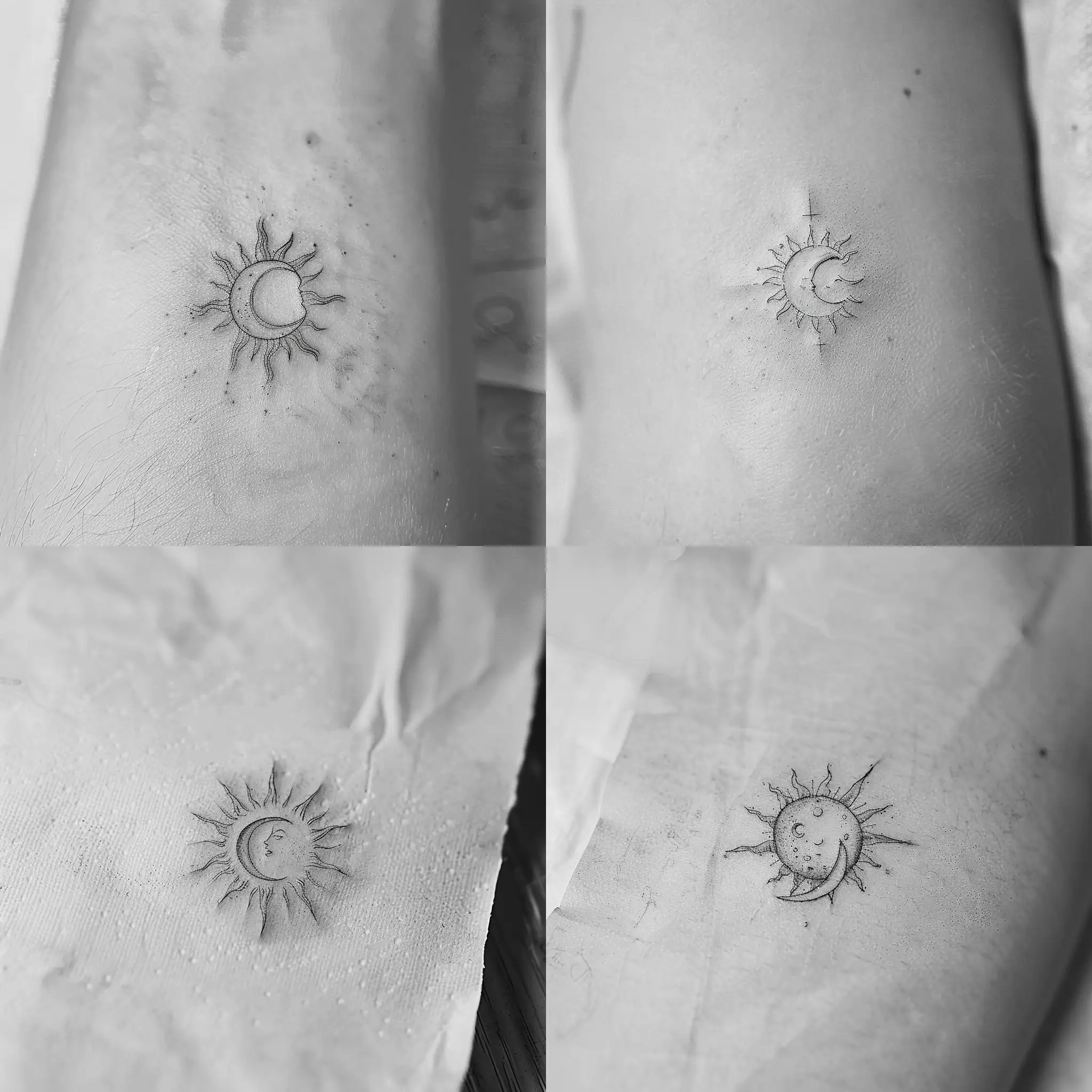 make a sketch of a small black and white 4x4 cm tattoo, where the sun and moon will be and nothing else. contour tattoo style