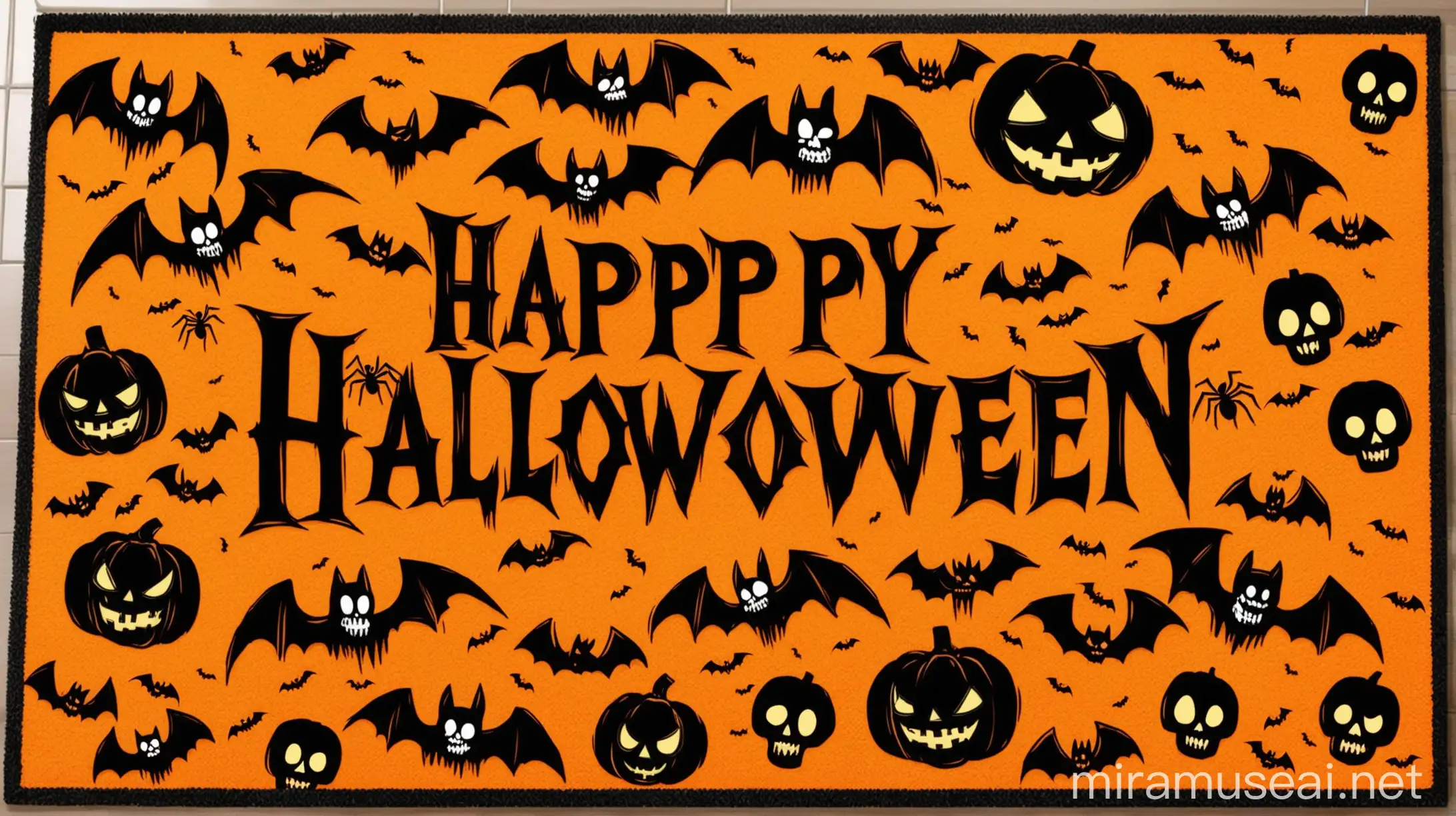Spooky Halloween Pumpkin Display with Skulls Bats and Ghosts on English Doormat