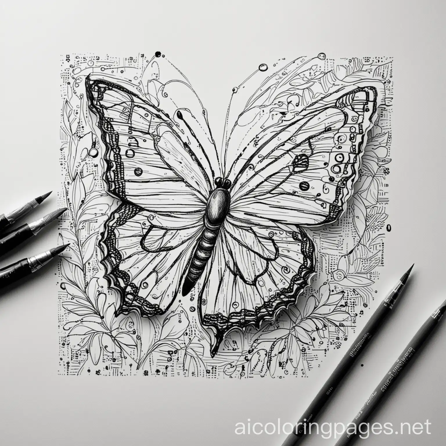 an outlined image of an artist's palette with paints, brushes and a canvas in the background. A beautiful, intricate butterfly emerges from the canvas, black and white, line art, simplicity, adult coloring page, Coloring Page, black and white, line art, white background, Simplicity, Ample White Space. The background of the coloring page is plain white to make it easy for young children to color within the lines. The outlines of all the subjects are easy to distinguish, making it simple for kids to color without too much difficulty
