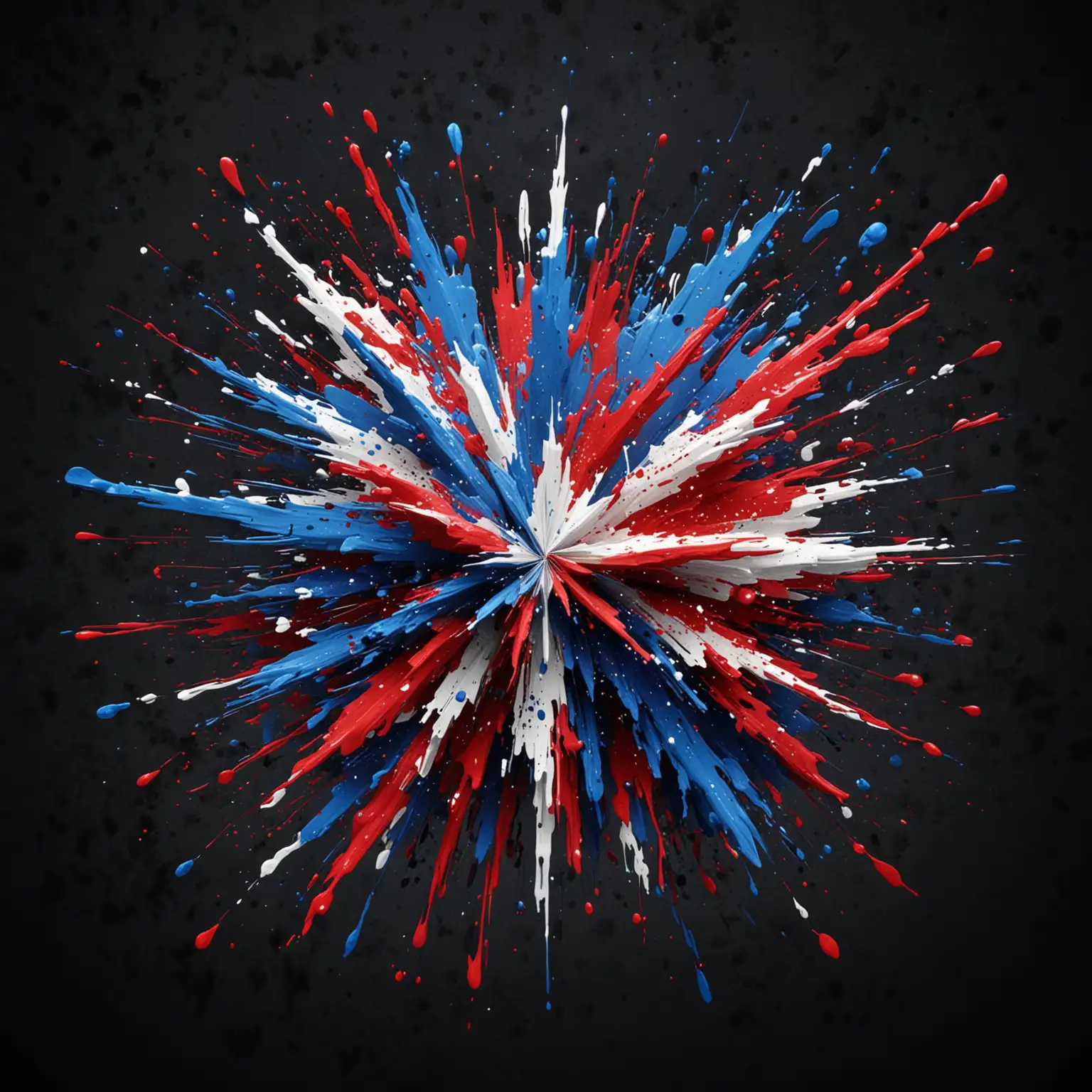 red white and blue ink splatter explosion front the center with 3d stars on a dark background