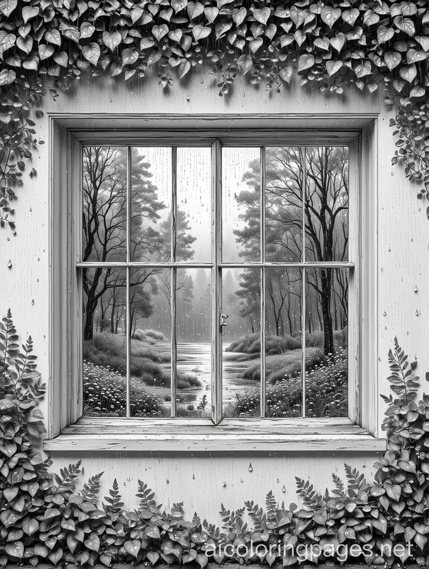 cottage window covered in raindrops facing a forest , Coloring Page, black and white, line art, white background, Simplicity, Ample White Space. The background of the coloring page is plain white to make it easy for young children to color within the lines. The outlines of all the subjects are easy to distinguish, making it simple for kids to color without too much difficulty