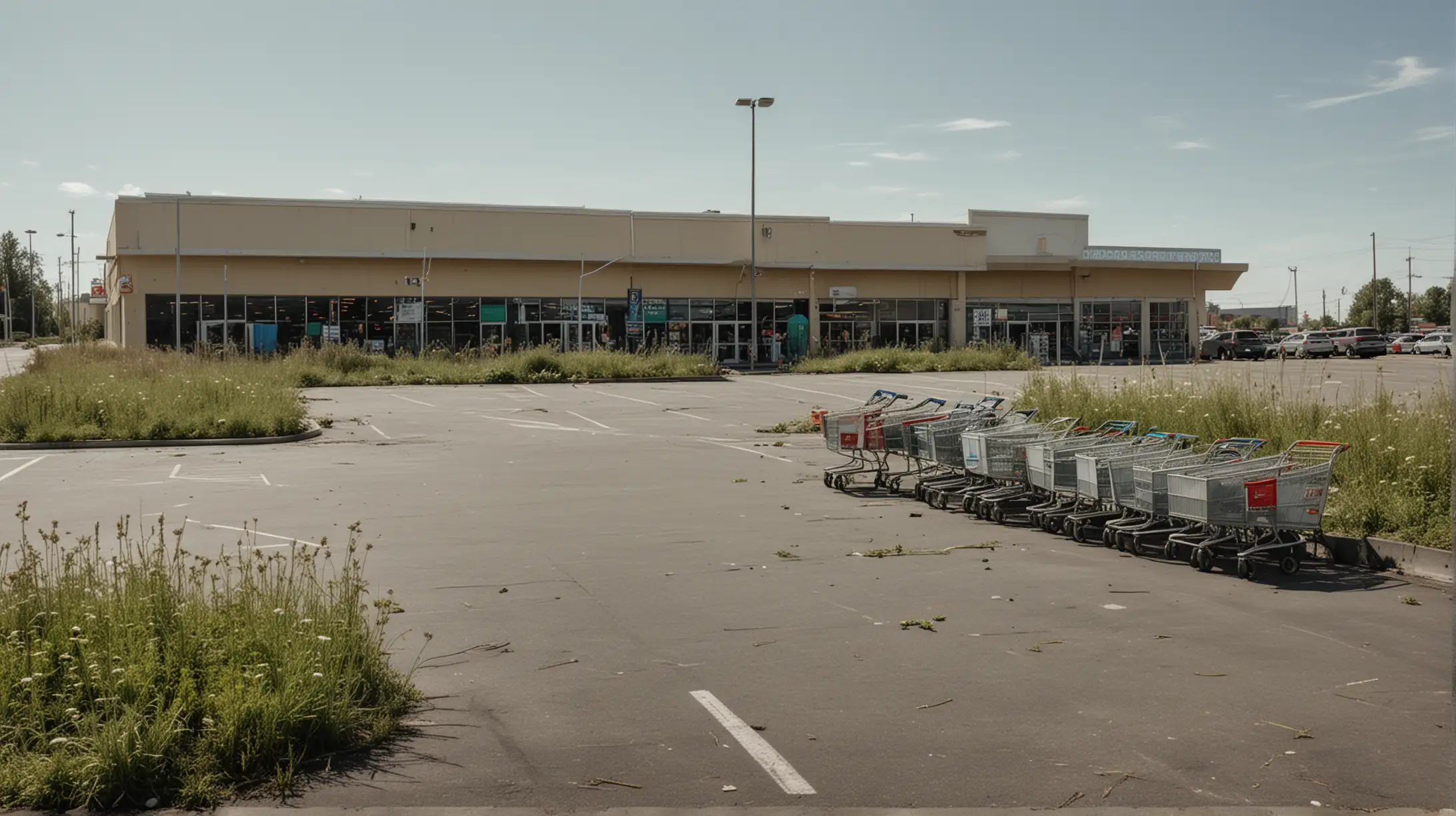 An apocalyptic, frontage of a supermarket, with carts and weeds growing in the parking lot