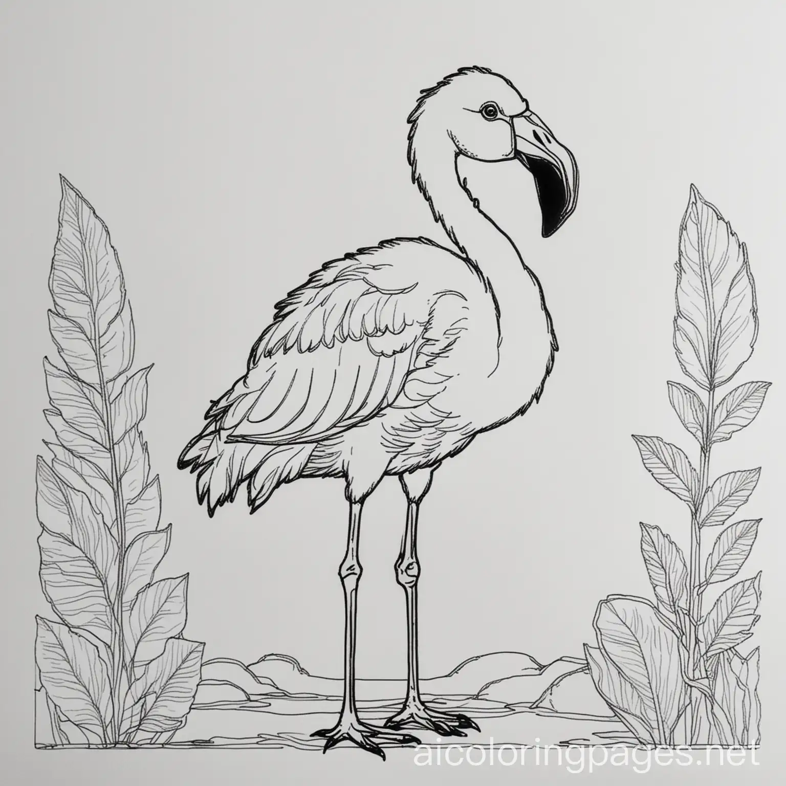 Flamant rose , Coloring Page, black and white, line art, white background, Simplicity, Ample White Space. The background of the coloring page is plain white to make it easy for young children to color within the lines. The outlines of all the subjects are easy to distinguish, making it simple for kids to color without too much difficulty, Coloring Page, black and white, line art, white background, Simplicity, Ample White Space. The background of the coloring page is plain white to make it easy for young children to color within the lines. The outlines of all the subjects are easy to distinguish, making it simple for kids to color without too much difficulty