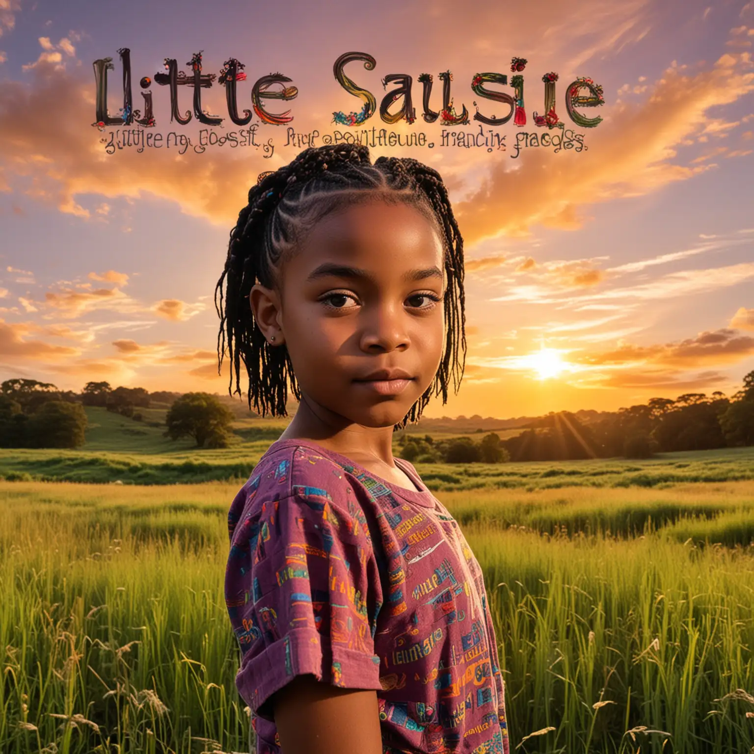 a young black girl child with short braids standing in a field of beautiful  lush grass scenery with a sunset in the background with the colorful words 'Little Susie' above her head