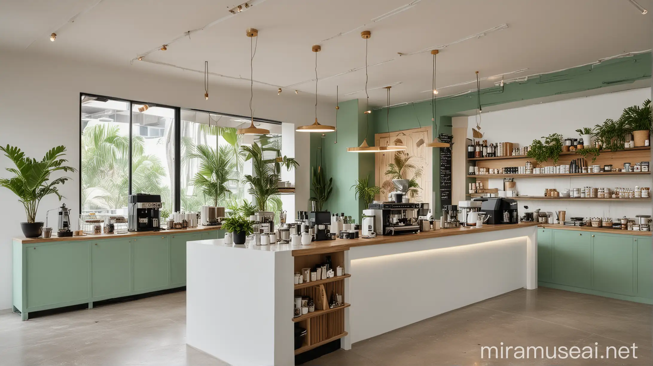 The island showcases coffee, in a modern style, with white and green color