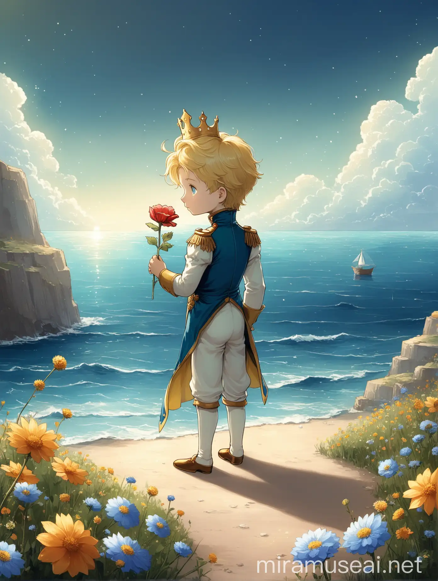 a little prince holding a
 flower staring at a sea


