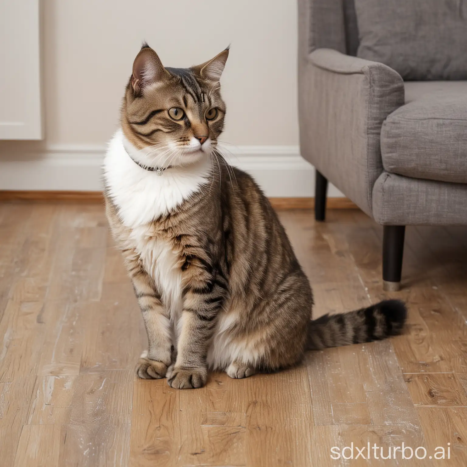 A eight-month-old brindle Chinese domestic cat is squatting on the light-colored wooden floor of an apartment, with a light gray low sofa behind it. This cat only has white fur on its neck and legs.
