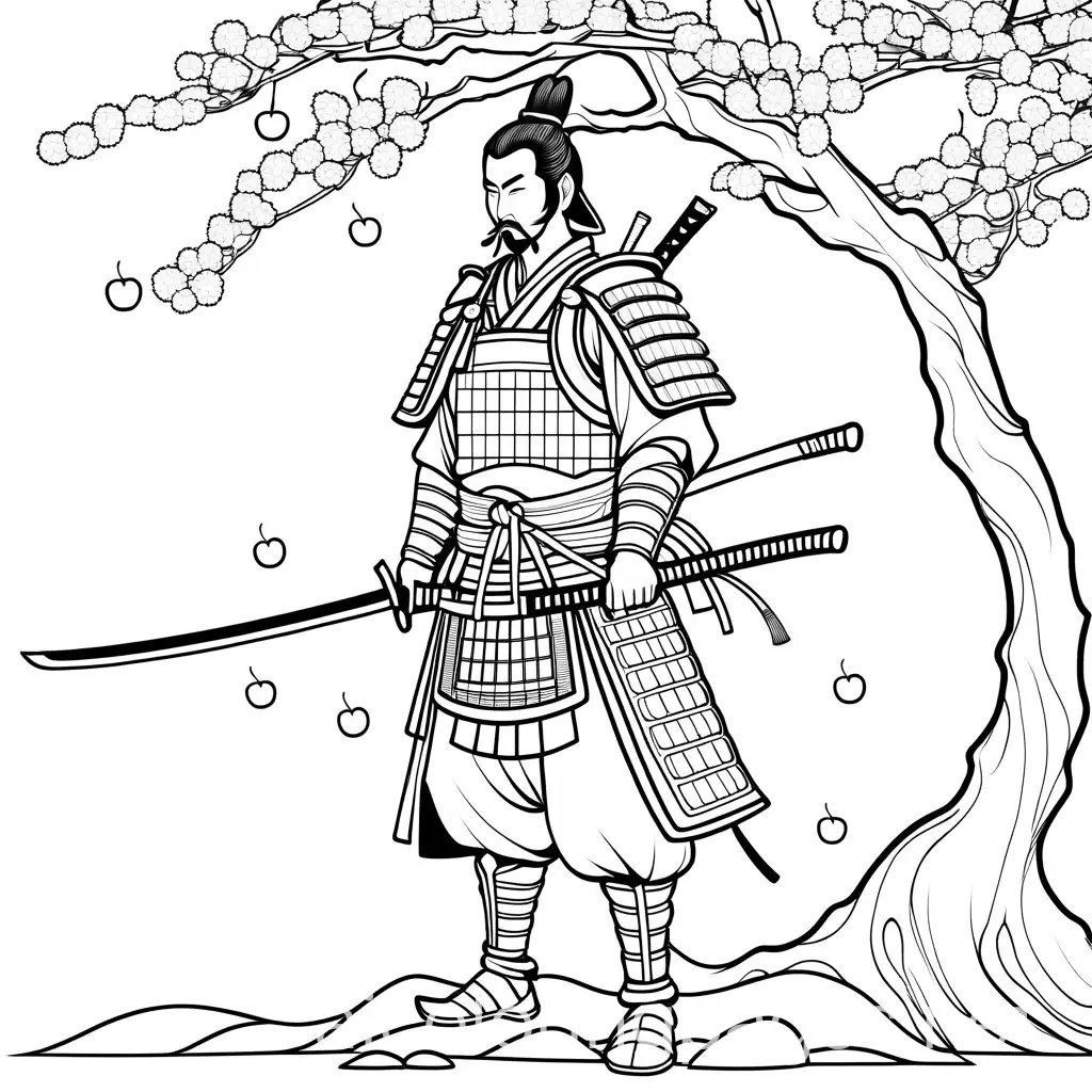 samurai con un arbol de cerezo, Coloring Page, black and white, line art, white background, Simplicity, Ample White Space. The background of the coloring page is plain white to make it easy for young children to color within the lines. The outlines of all the subjects are easy to distinguish, making it simple for kids to color without too much difficulty