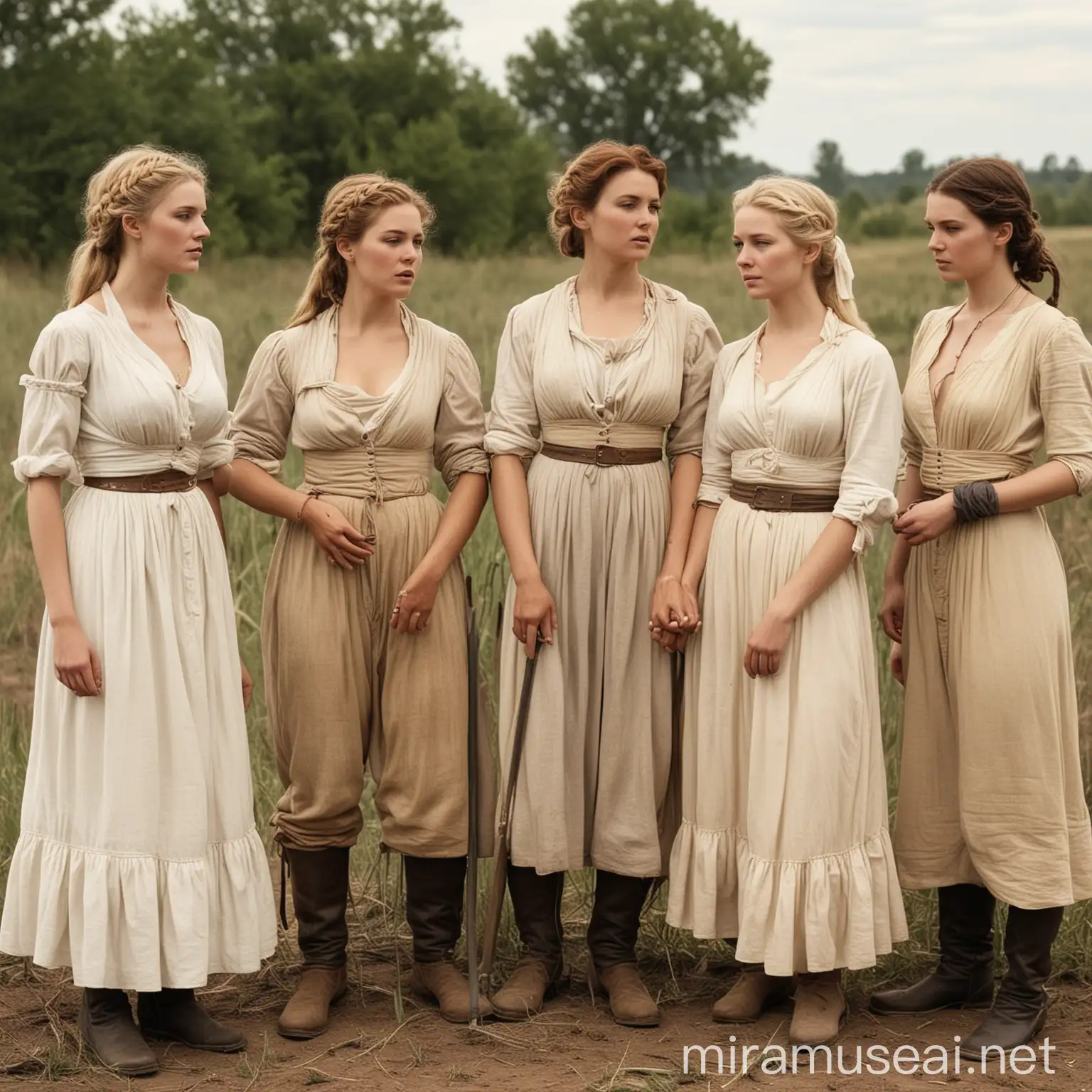 Group of white women being actioned as slaves, prairie, 1800s, color, sexy