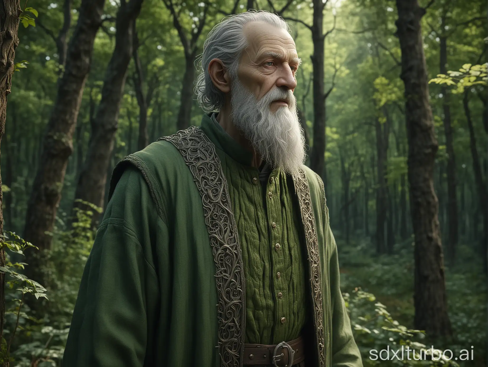 A tall slender old man with a gray beard in medieval green clothes, in the background of the forest thicket, perfect composition, beautiful detailed intricate insanely detailed octane render trending on artstation, 8 k, photorealistic concept art, soft natural volumetric cinematic perfect light, masterpiece, greg rutkowski