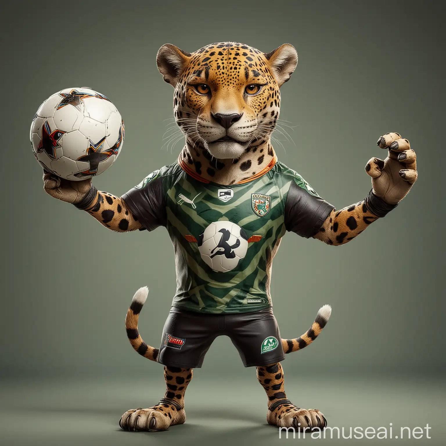 Un jaguar estilizado con aspecto amigable y enérgico, vestido con un uniforme de fútbol, sosteniendo un balón en una pata y levantando la otra en señal de victoria. El jaguar debe transmitir juego limpio, diversión y espíritu deportivo. --v 5 --q 2 --style vibrant --details realistic

