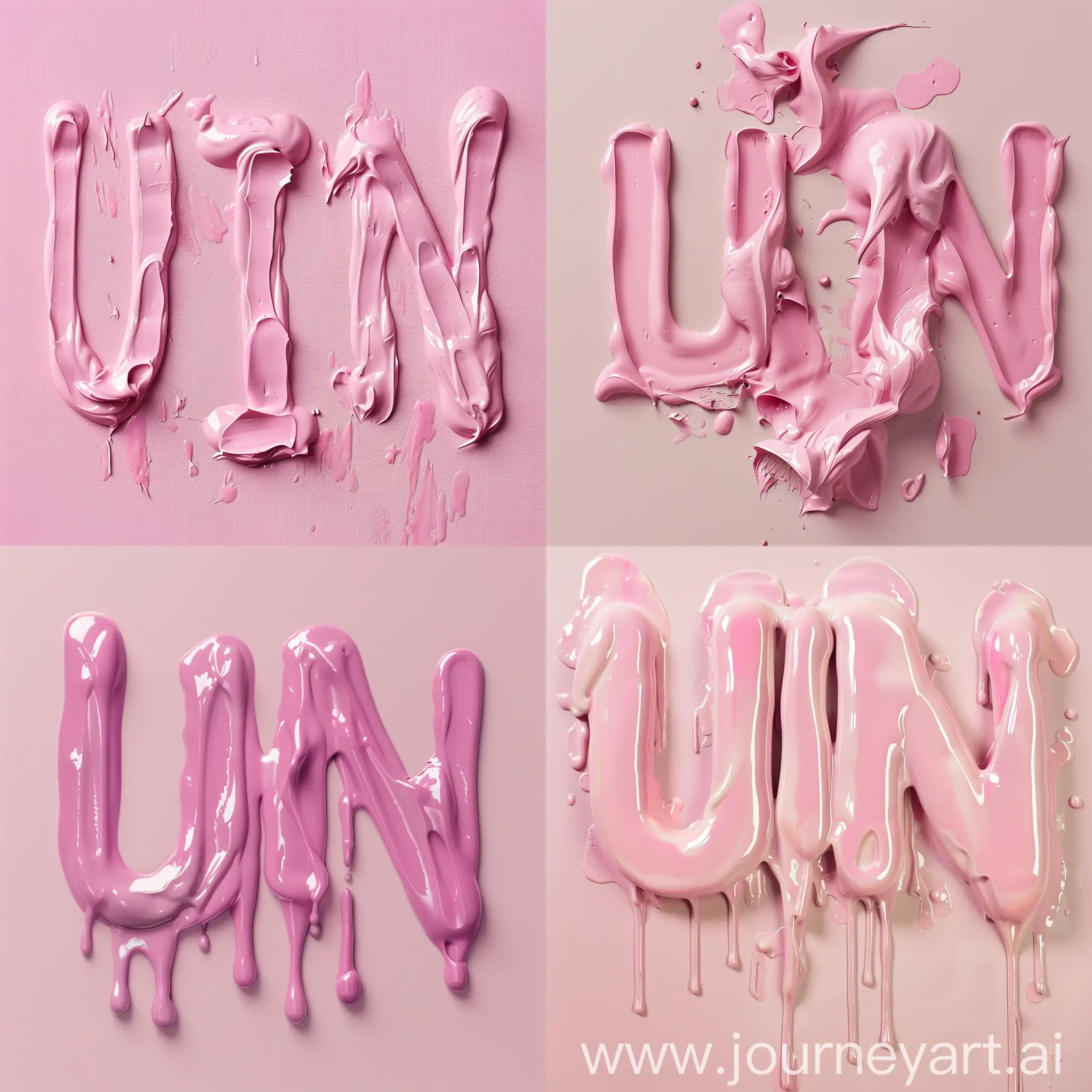 the letters UNI are located on a light pink background, along which light pink paint flows