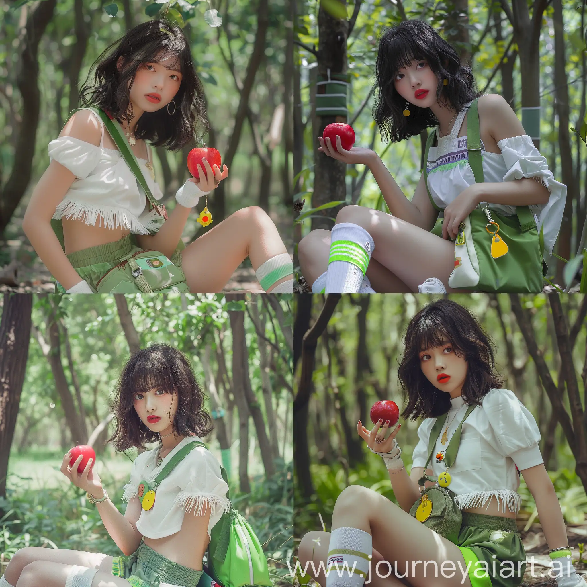 Girl-Offering-Red-Apple-in-Natural-Park-Setting
