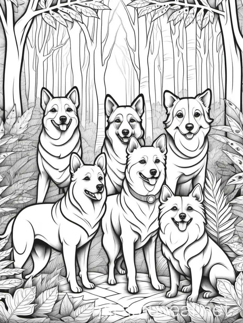 Peaceful Forest Scene with Playful Dogs for Adult Coloring Books