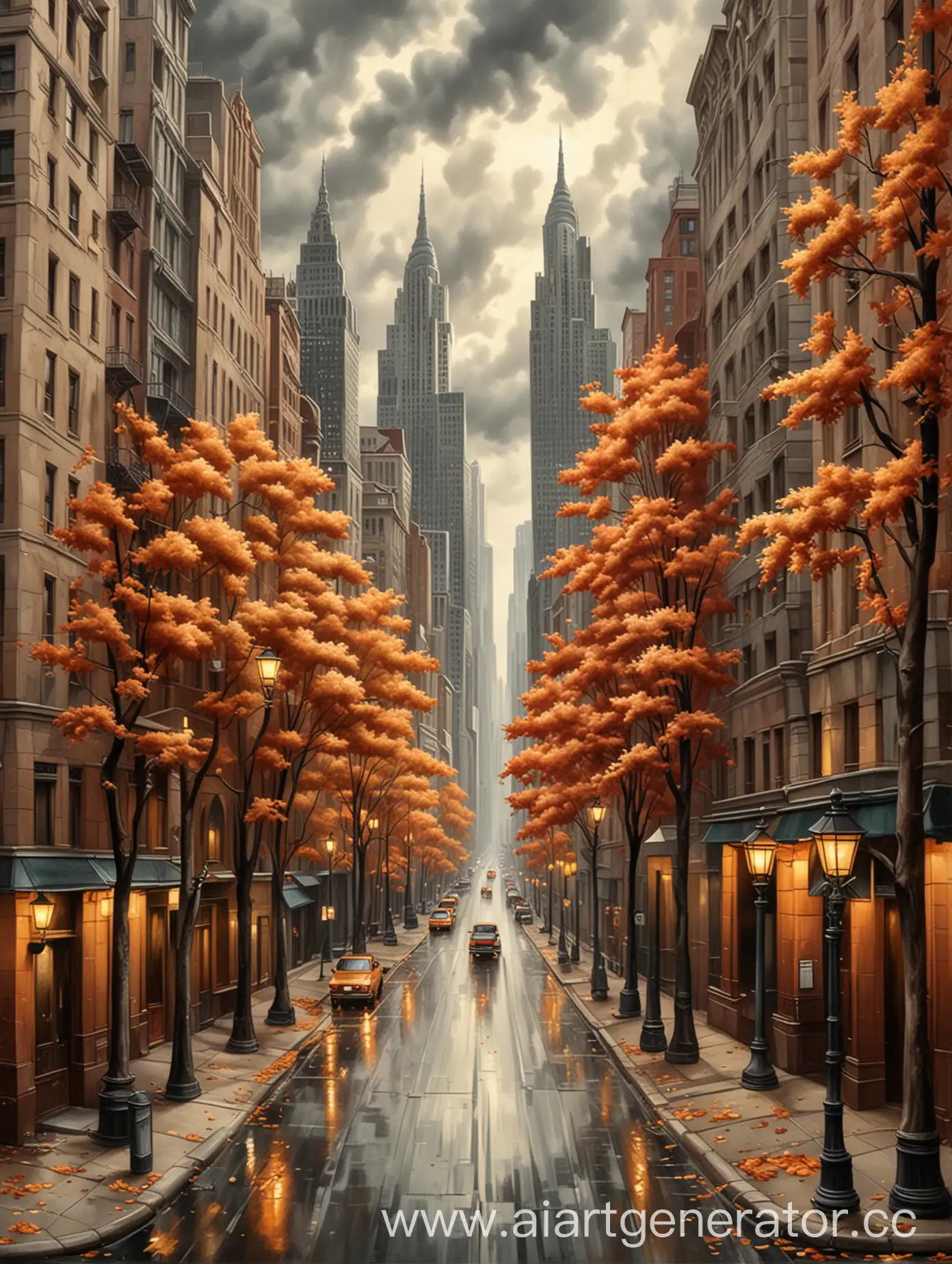 Autumn city perspective in cloudy day with skyscrapers streetlights and trees in the style of Tamara Lempicka