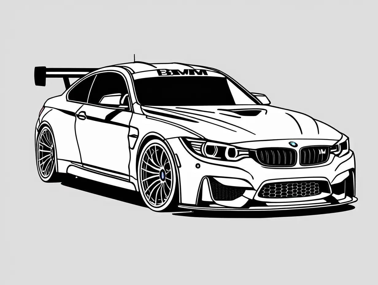 create line art showing a BMW M4 race car at a 45 degree angle.