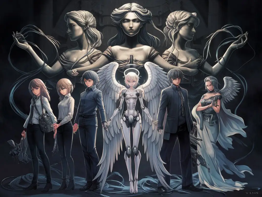a group of anime characters standing next to each other, by Yang J, pixiv, gothic art, beautiful cyborg angel girl, film still of 2b nier automata, goddess. extremely high detail, the three fates