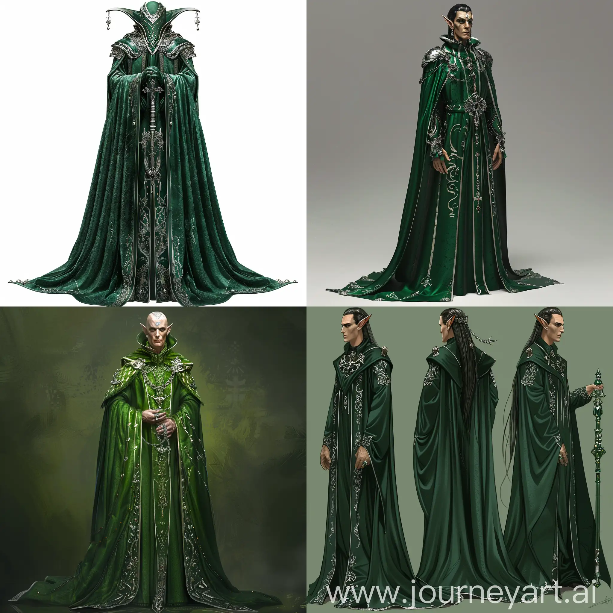 Fantasy male elf bishop in long, rich green robes, semi-realistic style, silver accessories and ornaments