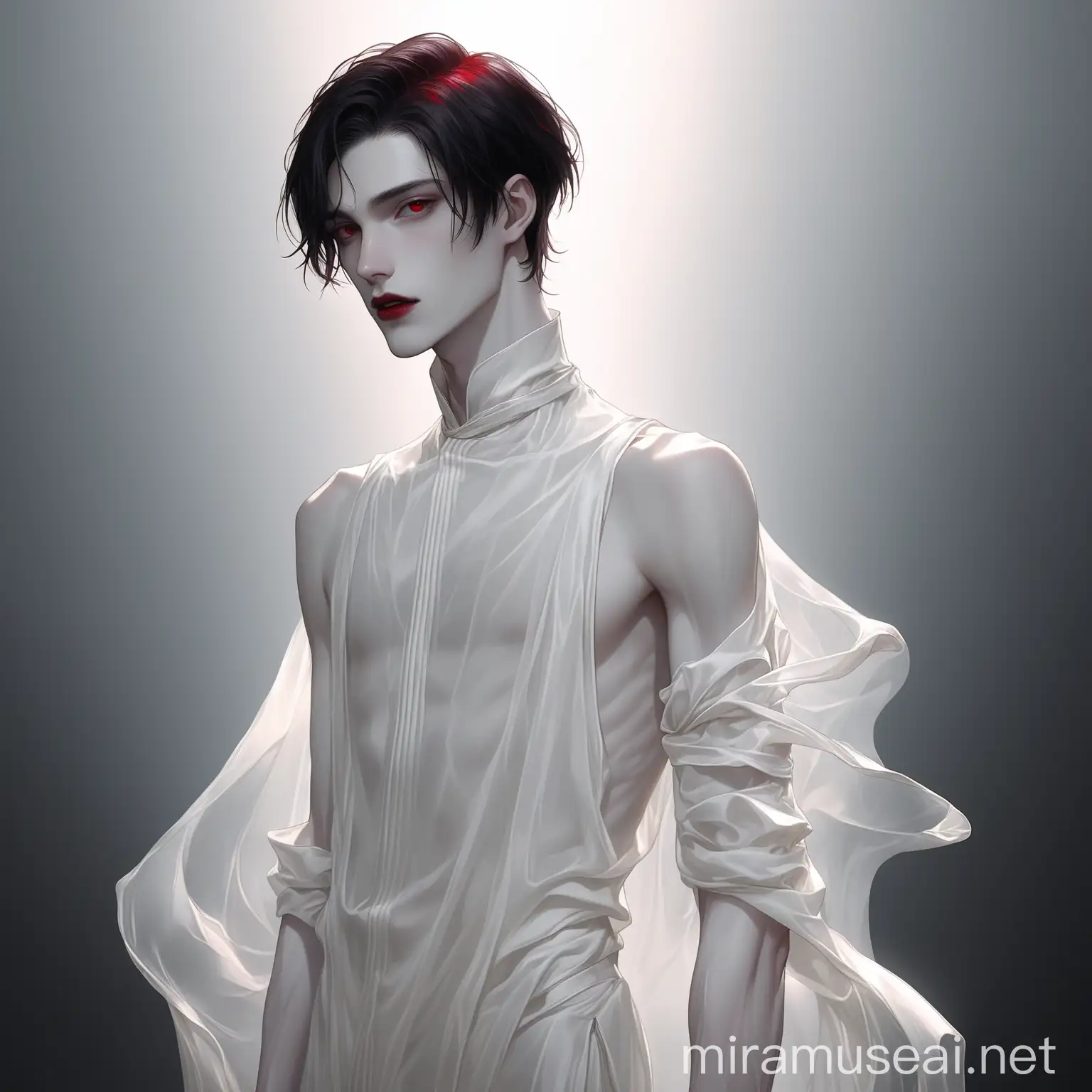 Young God in White Silk Attire with Ruby Eyes and Dark Hair