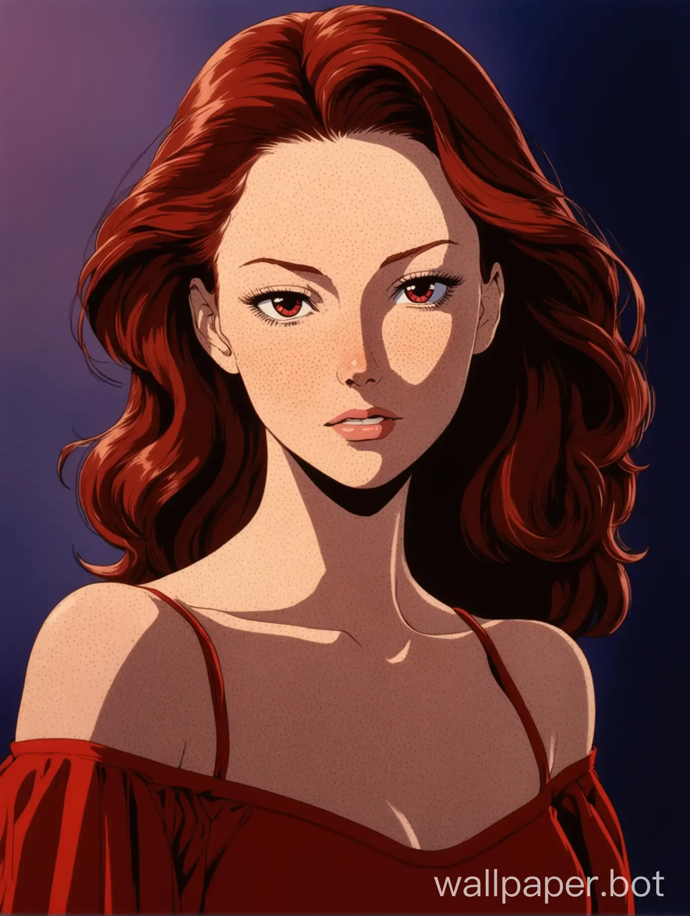 Portrait of an attractive 30-year-old woman with long dark red hair, thin and sharp features, pale and Swedish, seductive and youthful, freckles, wearing a sheer red off-the-shoulder dress, she looks like Rebecca Ferguson, 1980s retro anime